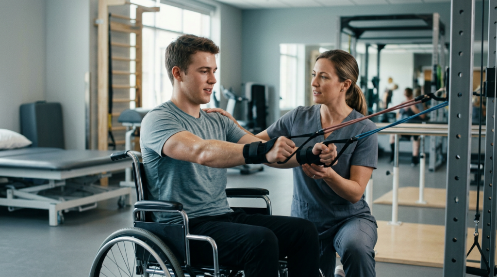 Young adult in a wheelchair working with a physical therapist in a spinal-cord-injury rehabilitation gym.
