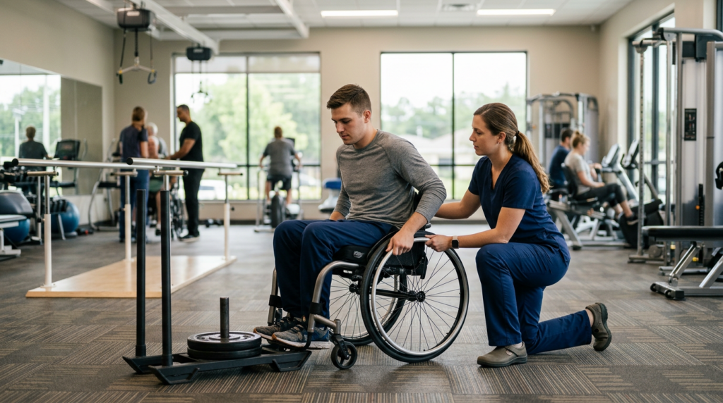 Young adult in a wheelchair working with a physical therapist in a spinal-cord-injury rehabilitation gym.