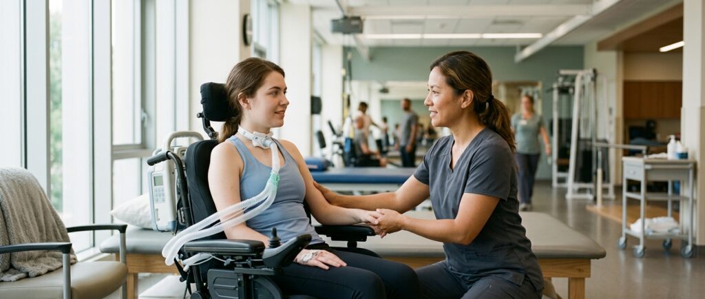 Young adult in a wheelchair working with a physical therapist in a spinal-cord-injury rehabilitation gym.