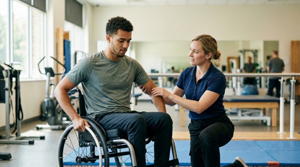 Young adult in a wheelchair works with a physical therapist in a spinal-cord-injury rehabilitation gym.