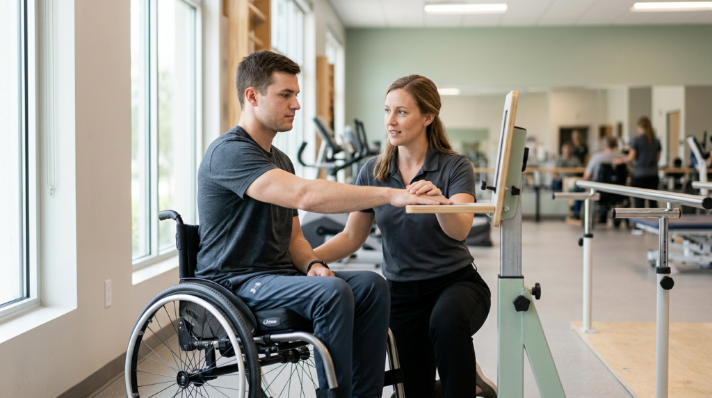 Young adult in a wheelchair works with a physical therapist in a spinal-cord-injury rehabilitation gym.