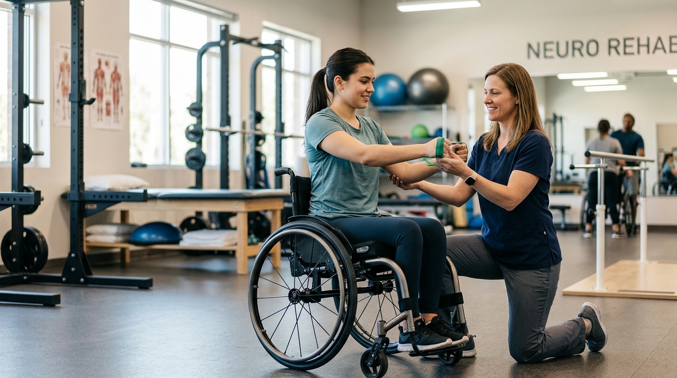 Young adult in a wheelchair works with a physical therapist in a spinal-cord-injury rehabilitation gym.