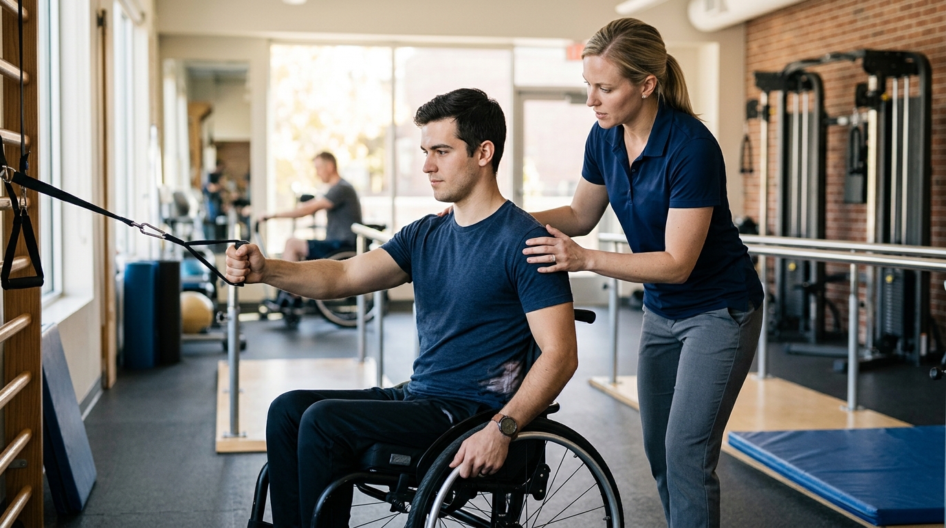 Young adult in a wheelchair works with a physical therapist in a spinal-cord-injury rehabilitation gym.
