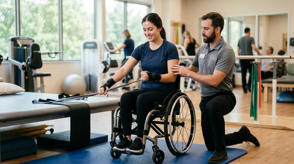 Young adult in a wheelchair works with a physical therapist in a spinal-cord-injury rehabilitation gym.