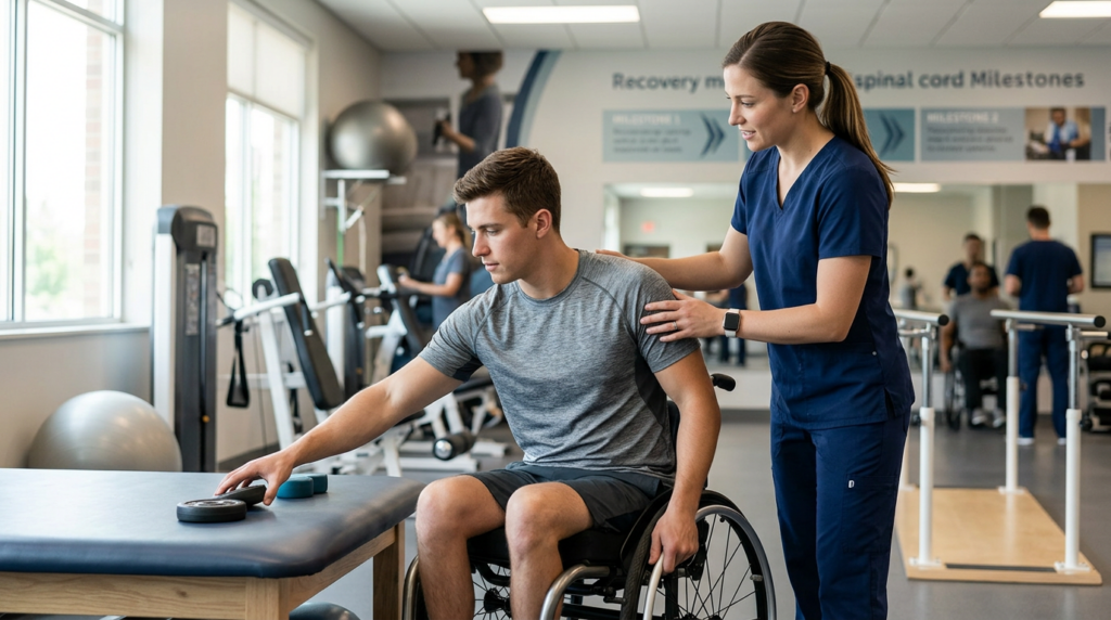 Young adult in a wheelchair works with a physical therapist in a spinal-cord-injury rehabilitation gym.