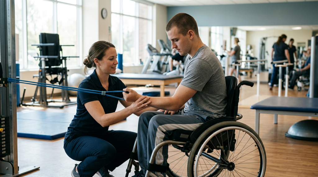 Young adult in a wheelchair works with a physical therapist in a spinal-cord-injury rehabilitation gym.
