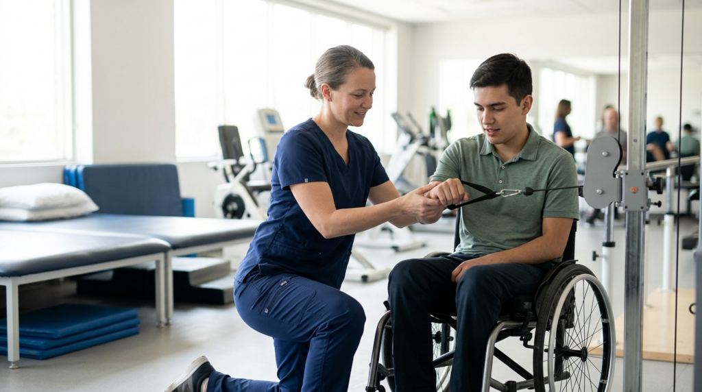 Young adult in a wheelchair works with a physical therapist in a spinal-cord-injury rehabilitation gym.