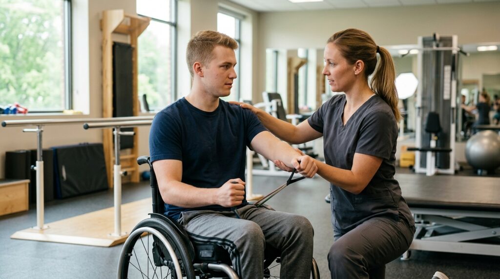 Young adult in a wheelchair works with a physical therapist in a spinal-cord-injury rehabilitation gym.