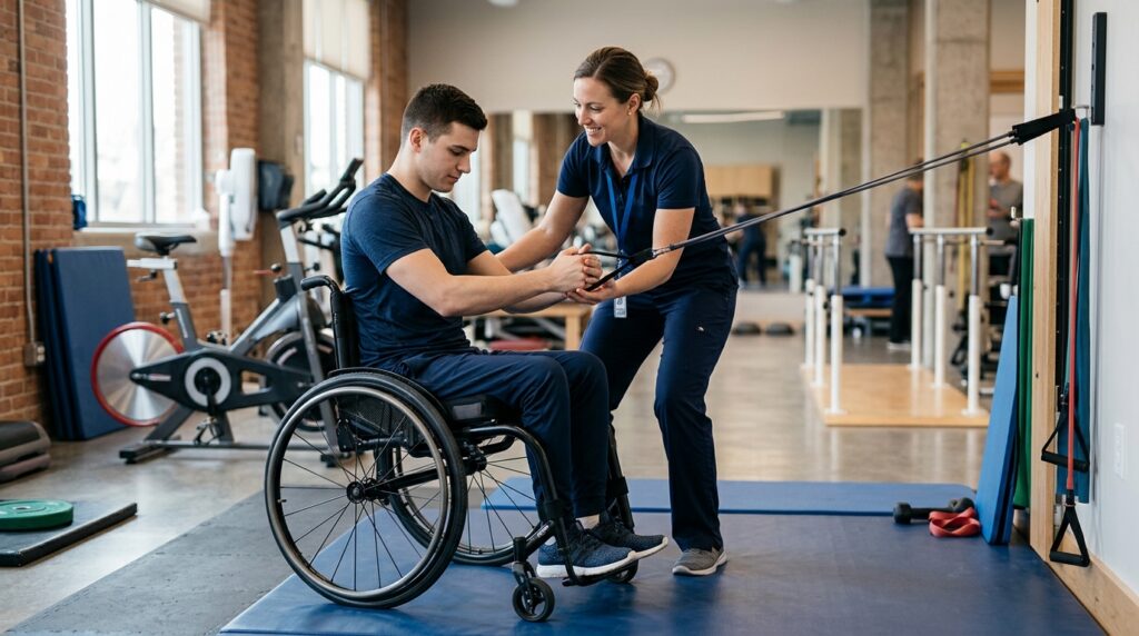 Young adult in wheelchair working with a physical therapist in a rehabilitation gym.