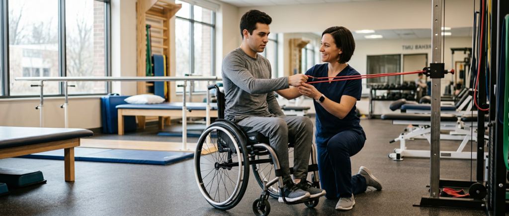 Young adult in wheelchair working with a physical therapist in a rehabilitation gym.