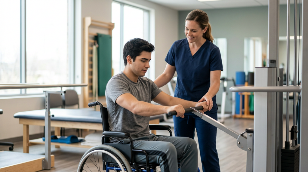 Young adult in wheelchair working with a physical therapist in a spinal-cord-injury rehabilitation gym.