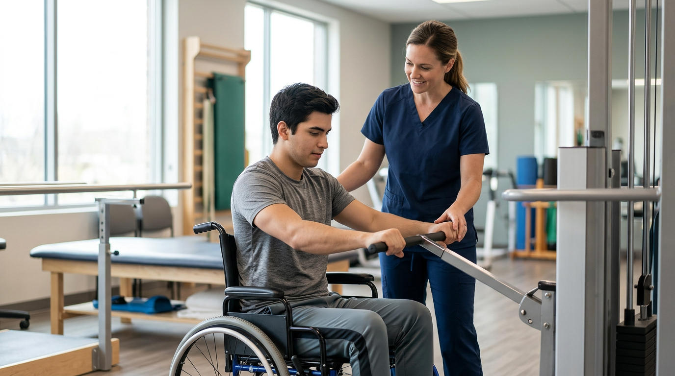 Young adult in wheelchair working with a physical therapist in a spinal-cord-injury rehabilitation gym.