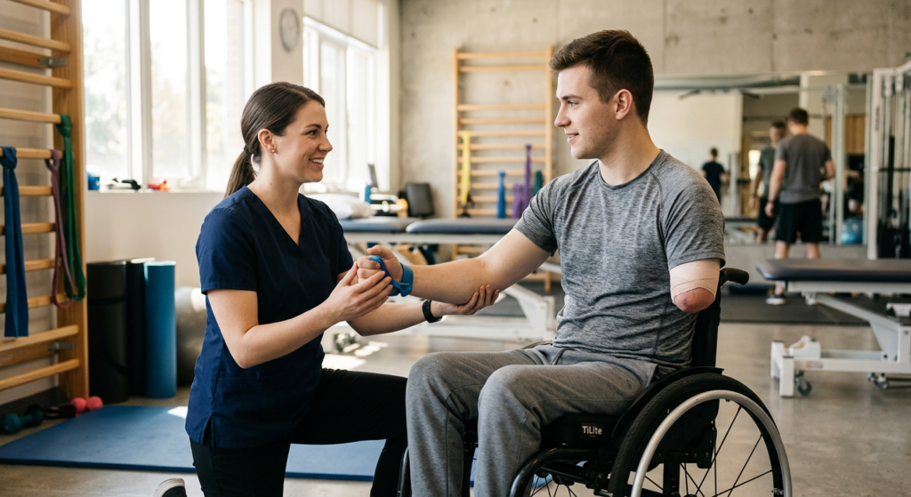 Young adult in wheelchair working with a physical therapist in a rehabilitation gym.