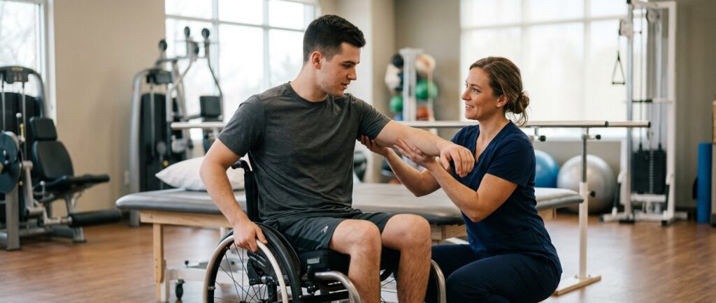 Young adult in wheelchair working with physical therapist in spinal cord injury rehabilitation gym.