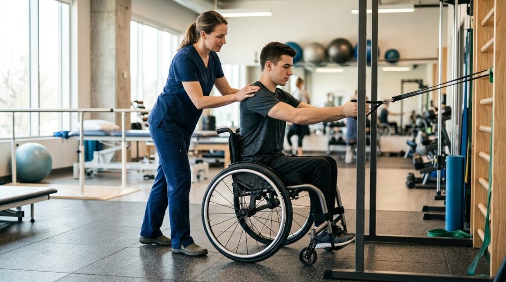 Young adult in wheelchair working with physical therapist in rehabilitation gym.
