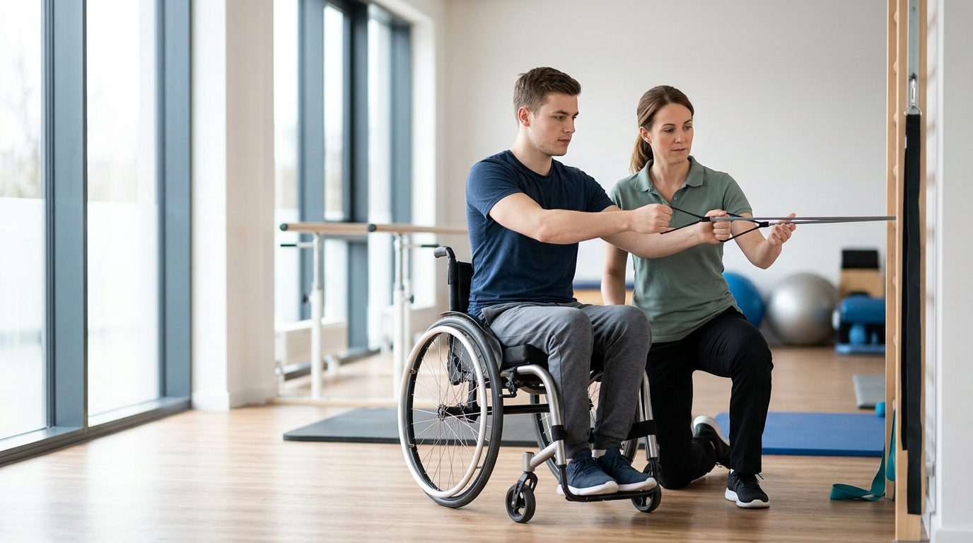 Young adult in wheelchair working with physical therapist in rehabilitation gym.