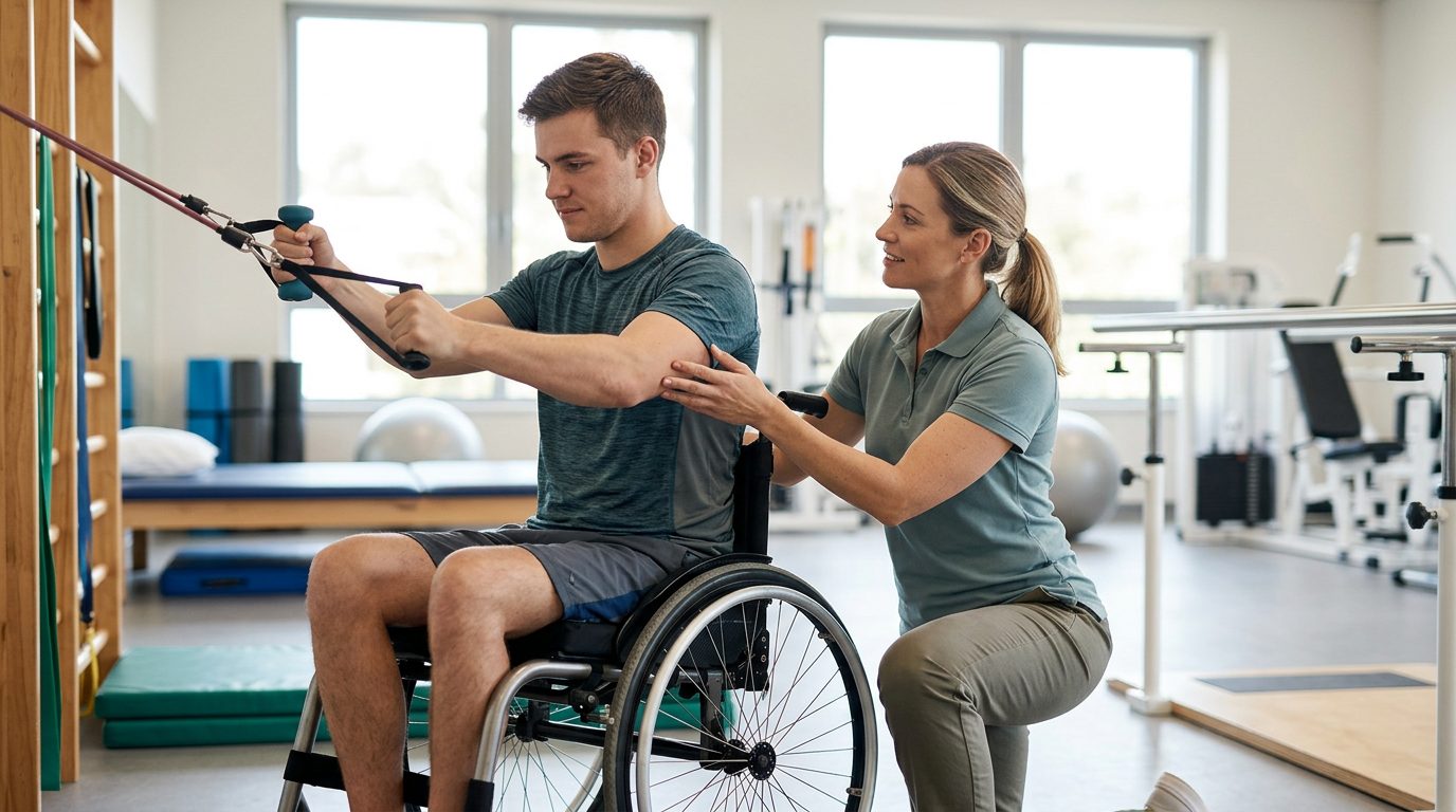 Young adult in wheelchair working with physical therapist in spinal cord injury rehabilitation gym.