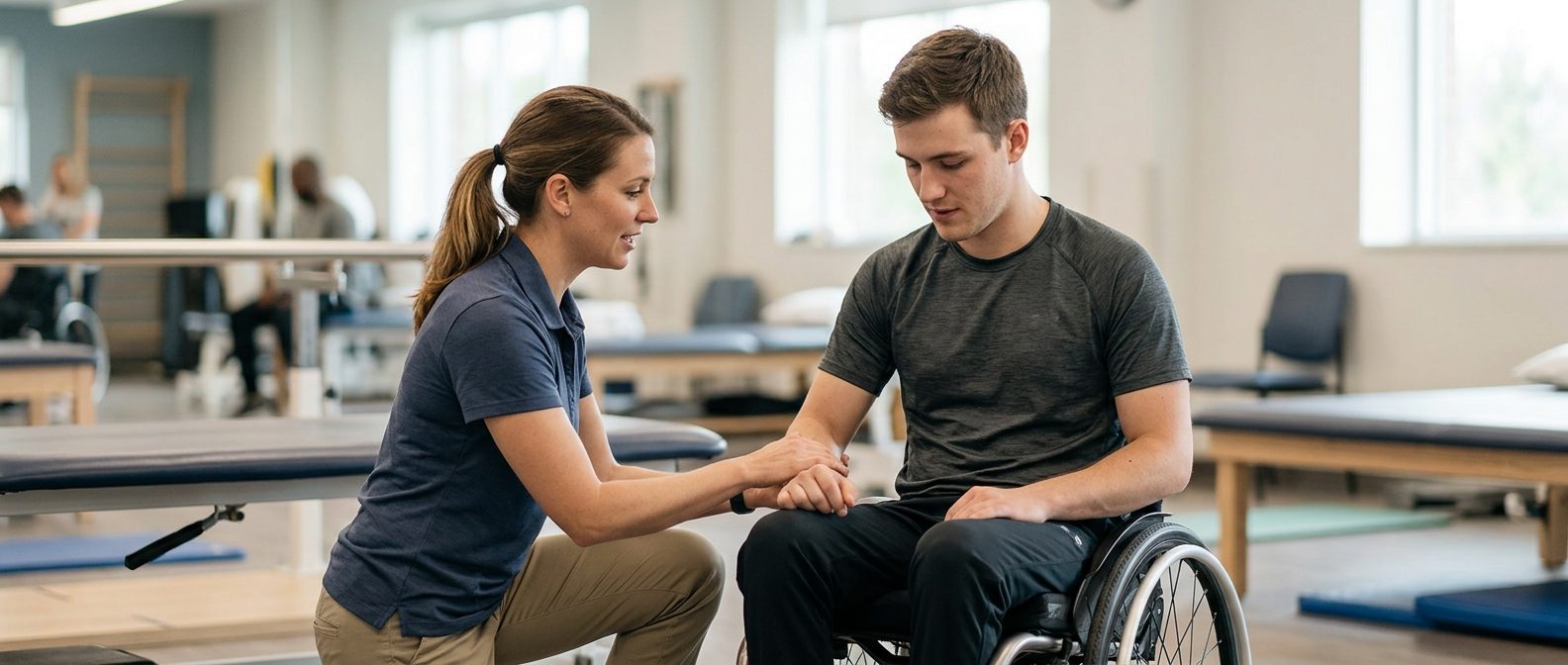 Young adult in wheelchair working with physical therapist in rehabilitation gym.
