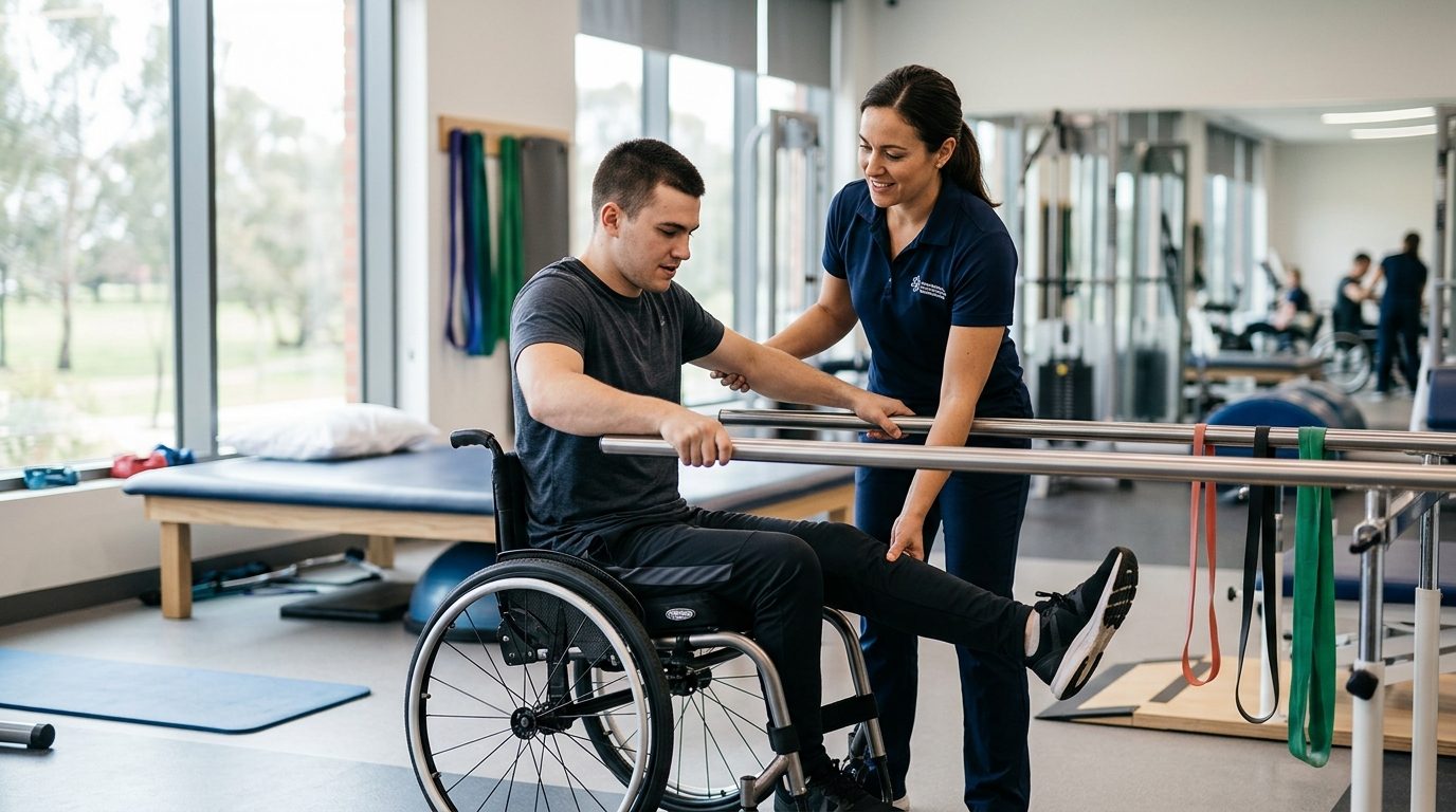 Young adult in wheelchair working with physical therapist in spinal cord injury rehabilitation gym.