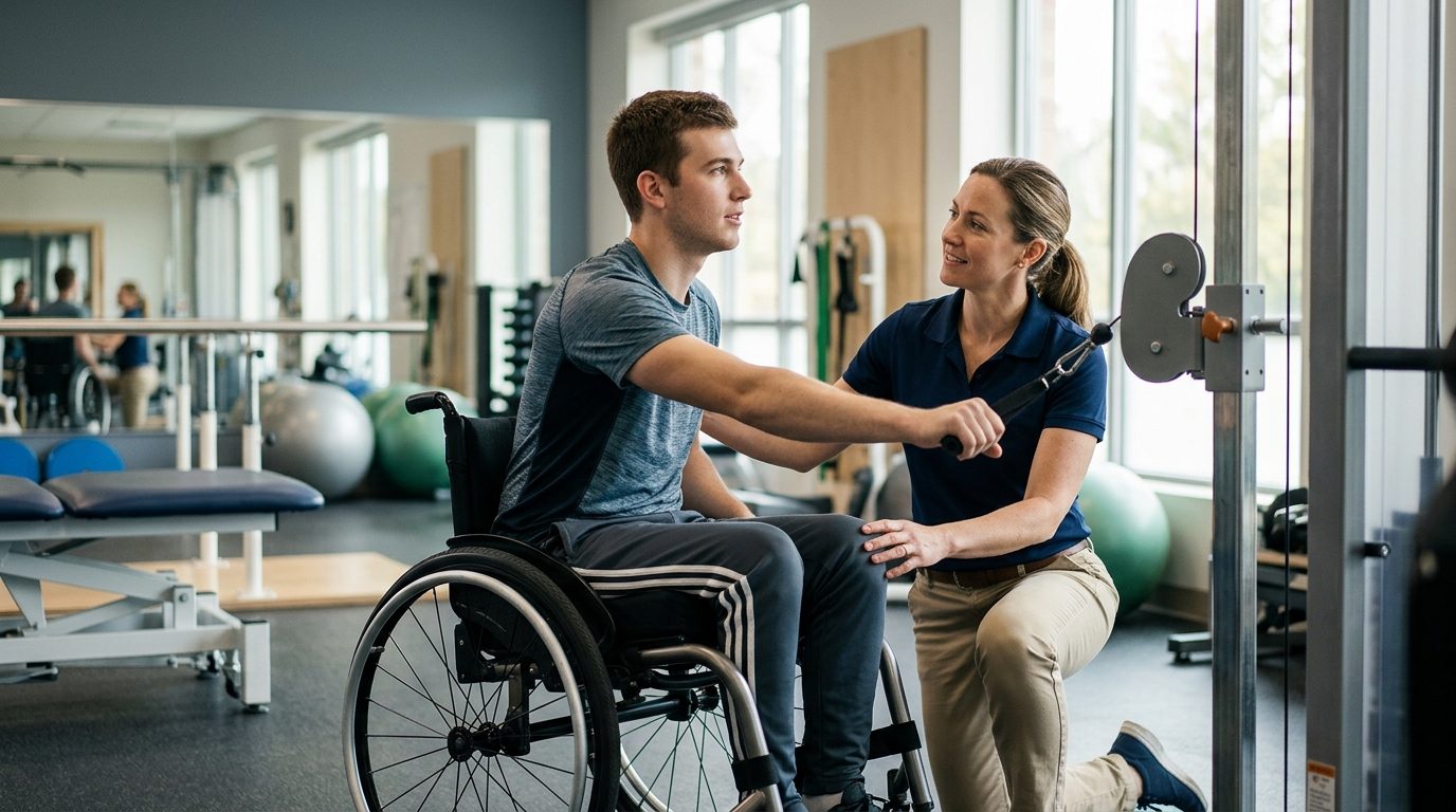 Young adult in wheelchair working with physical therapist in spinal cord injury rehabilitation gym.