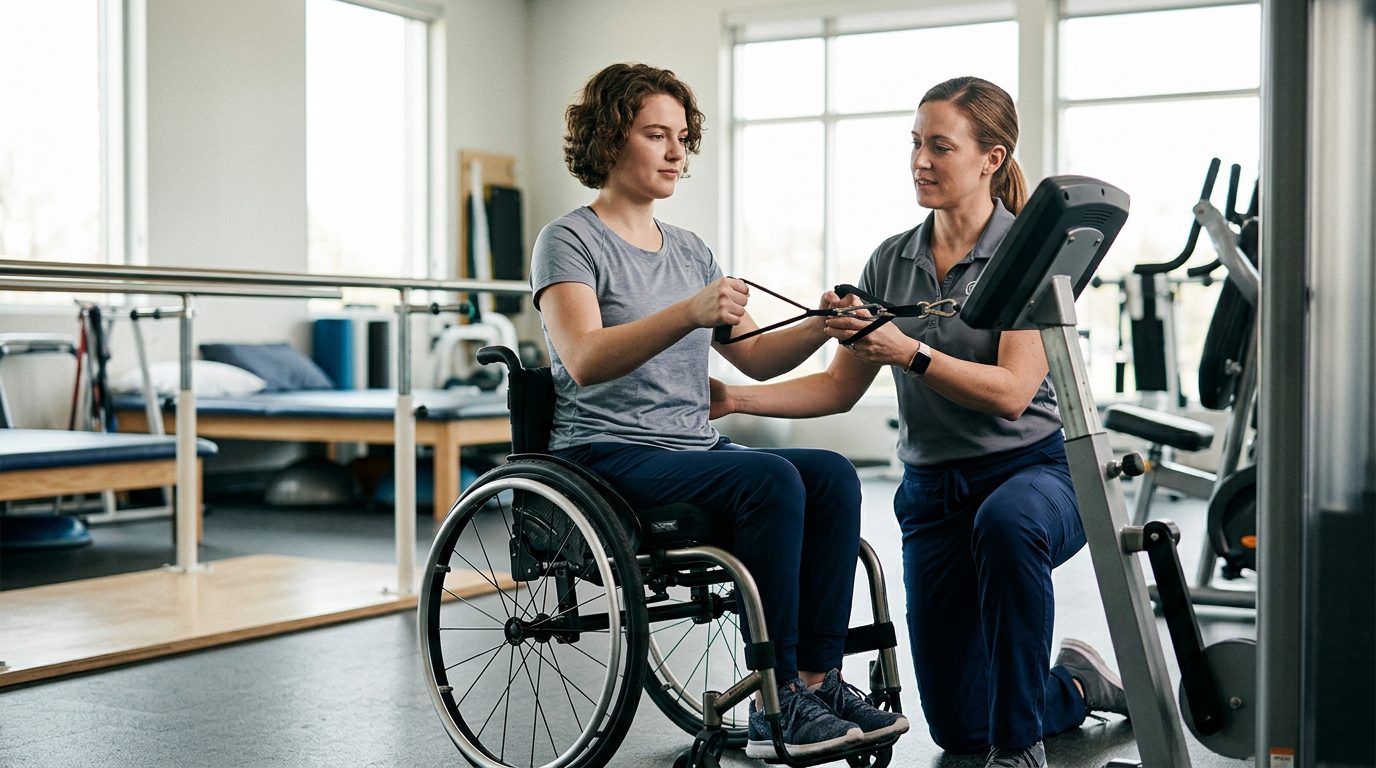 Young adult in wheelchair working with physical therapist in rehabilitation gym.