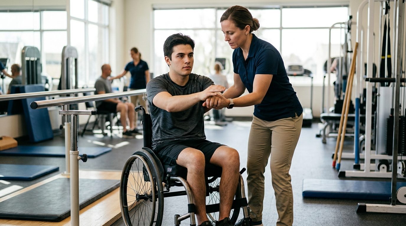 Young adult in wheelchair working with physical therapist in rehabilitation gym.
