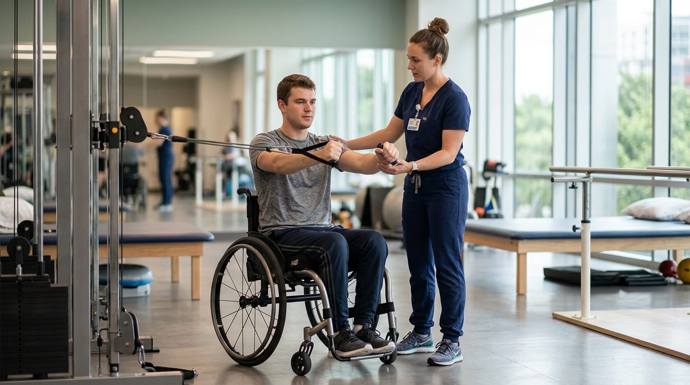 Young adult in wheelchair working with physical therapist in spinal cord injury rehabilitation gym.