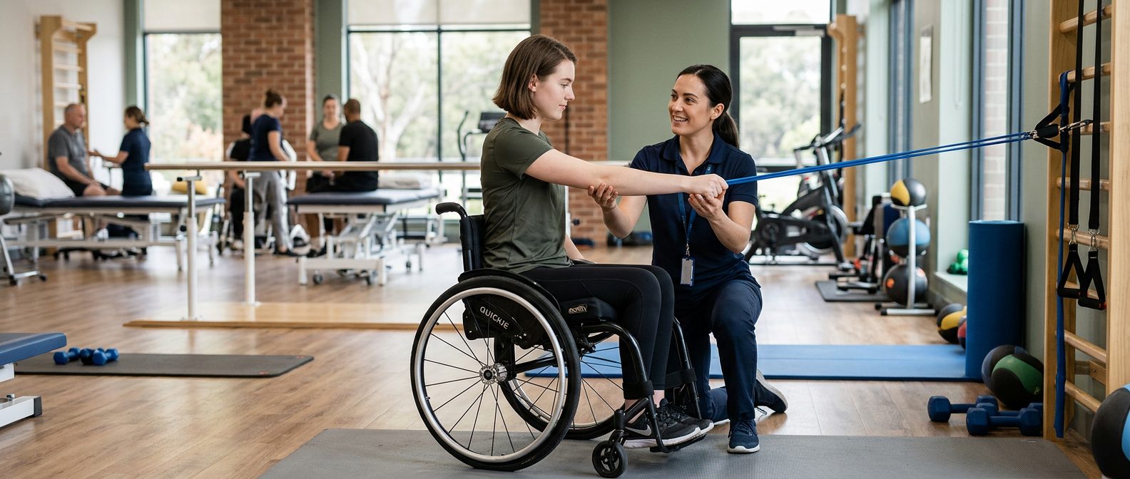 Young adult in wheelchair working with physical therapist in spinal cord injury rehabilitation gym.