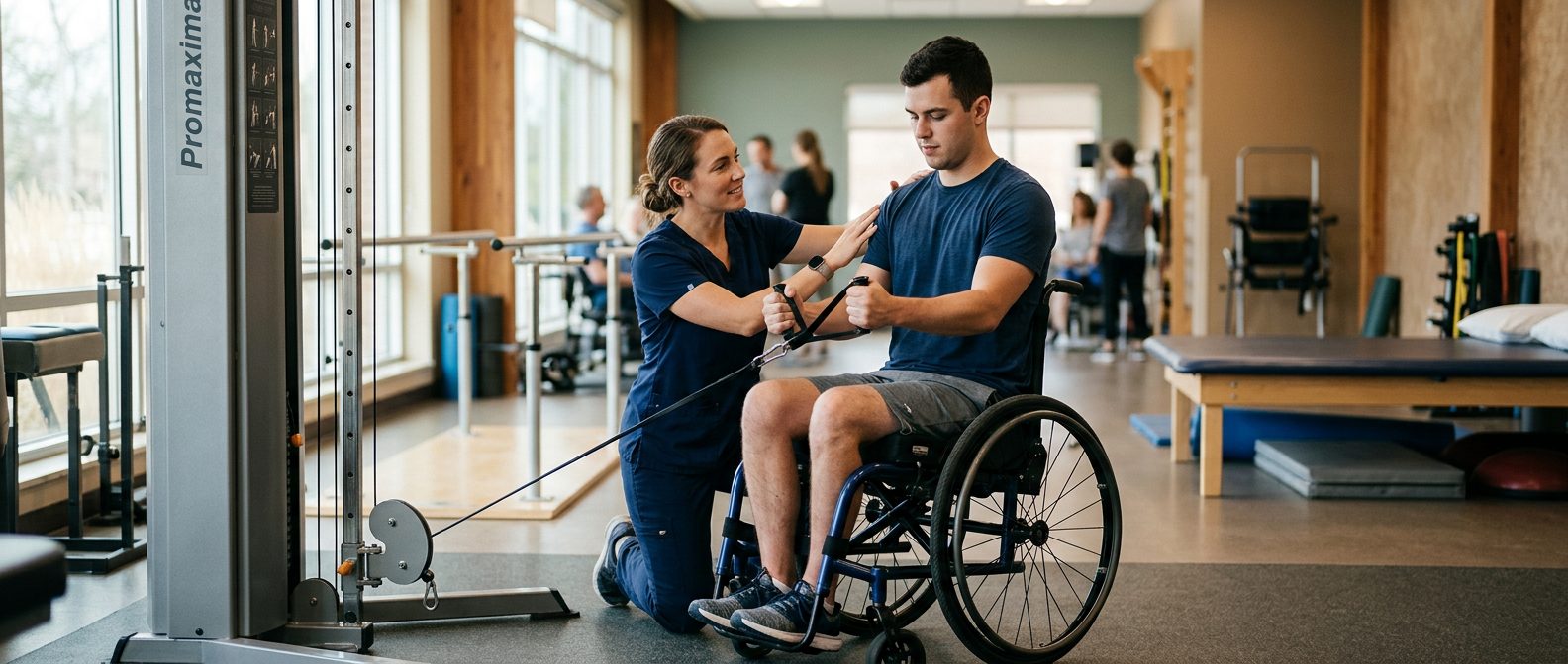Young adult in wheelchair working with physical therapist in spinal cord injury rehabilitation gym.