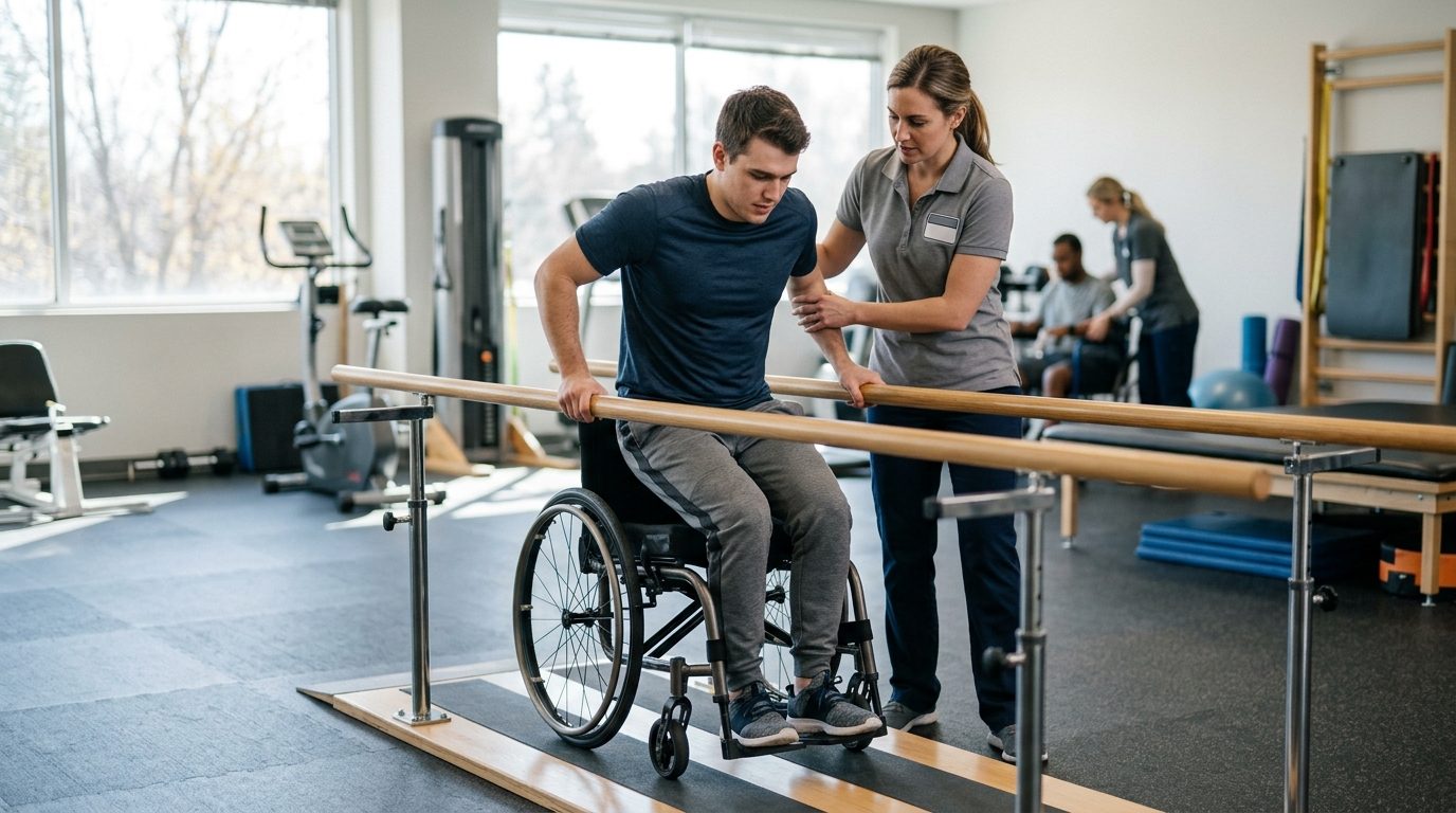Young adult in wheelchair working with physical therapist in spinal cord injury rehabilitation gym.