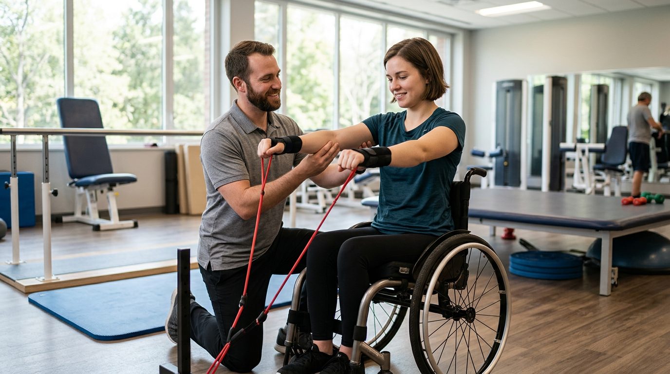 Young adult in wheelchair working with physical therapist in rehabilitation gym.