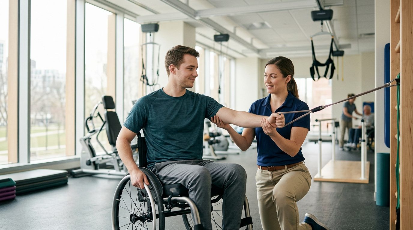 Young adult in wheelchair working with physical therapist in rehabilitation gym.