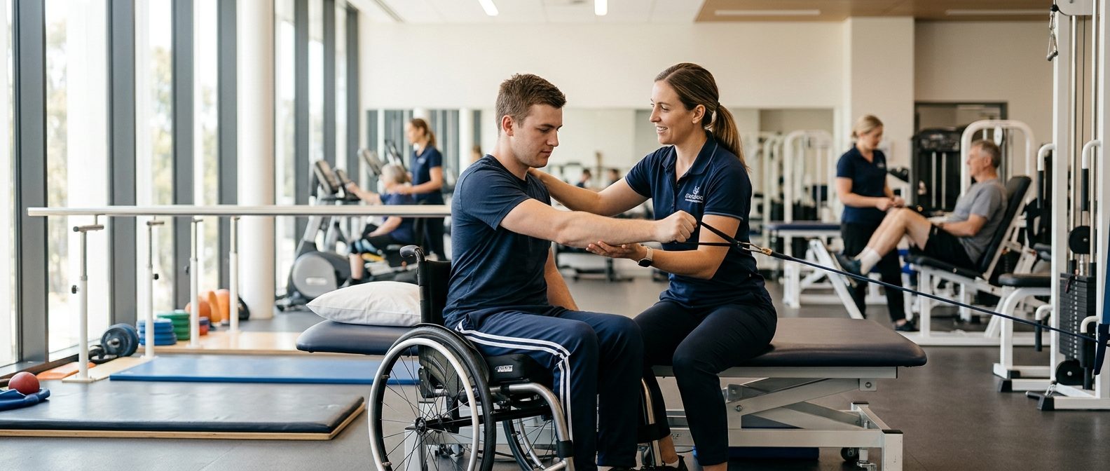 Young adult in wheelchair working with physical therapist in rehabilitation gym.