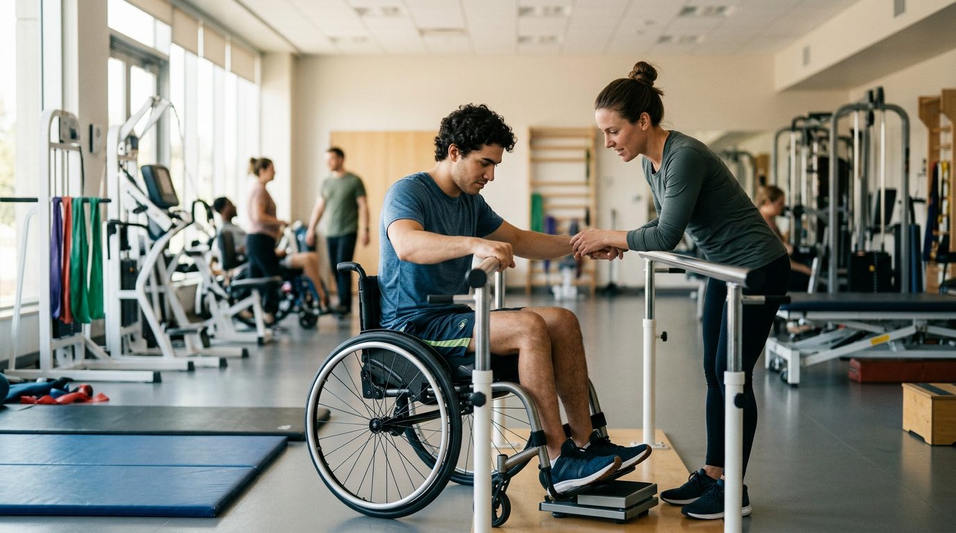 Young adult in wheelchair working with physical therapist in rehabilitation gym.