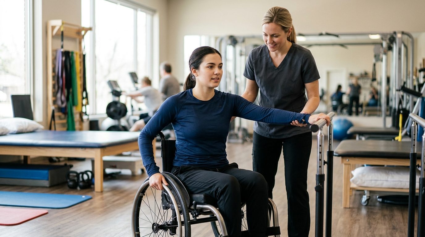 Young adult in wheelchair working with physical therapist in spinal cord injury rehabilitation gym.