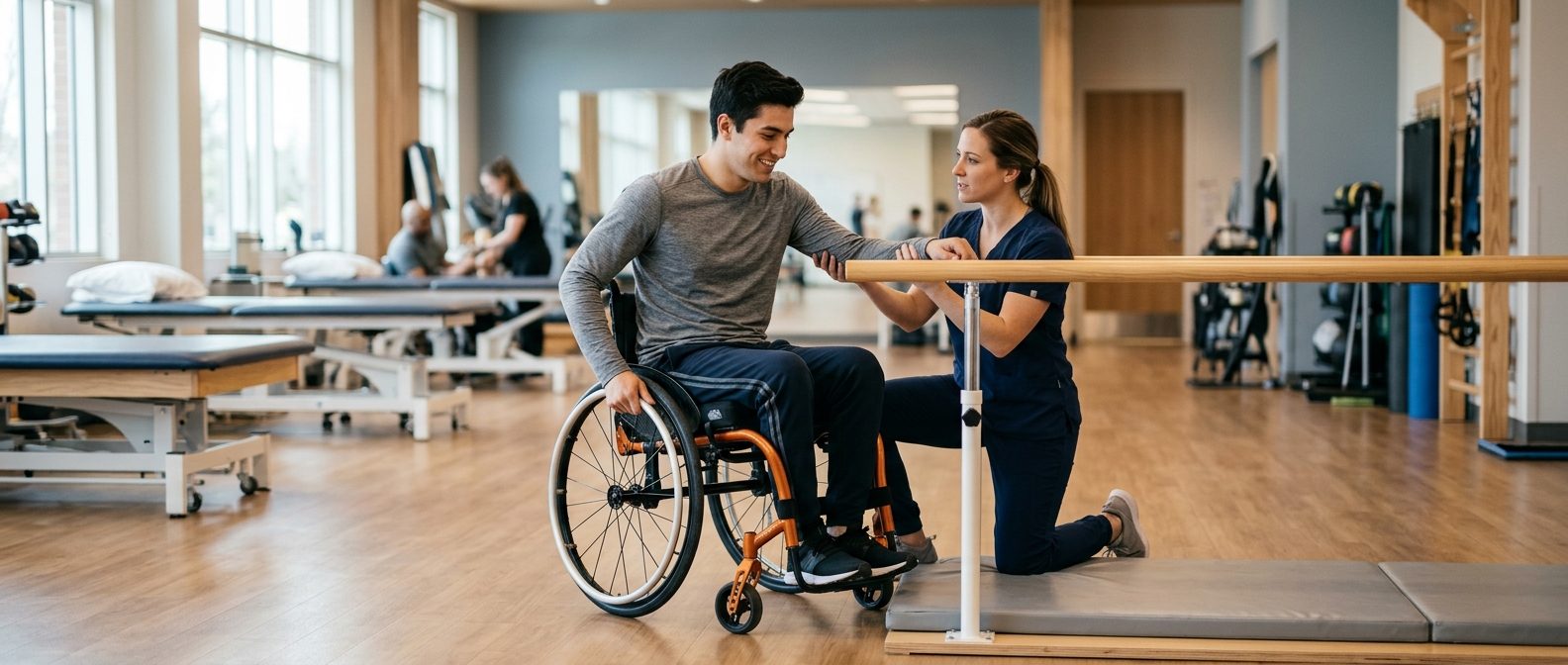 Young adult in wheelchair working with physical therapist in rehabilitation gym.
