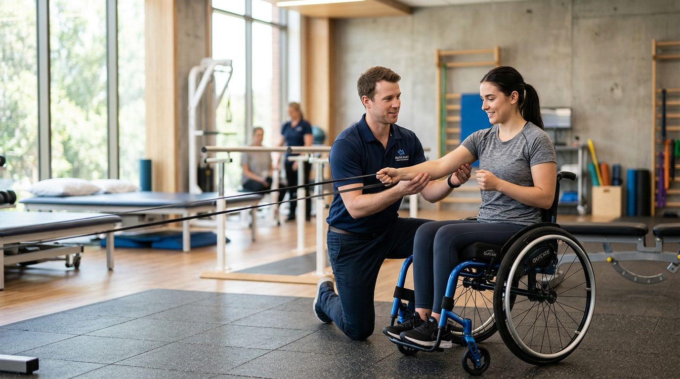 Young adult in wheelchair working with physical therapist in spinal cord injury rehabilitation gym.