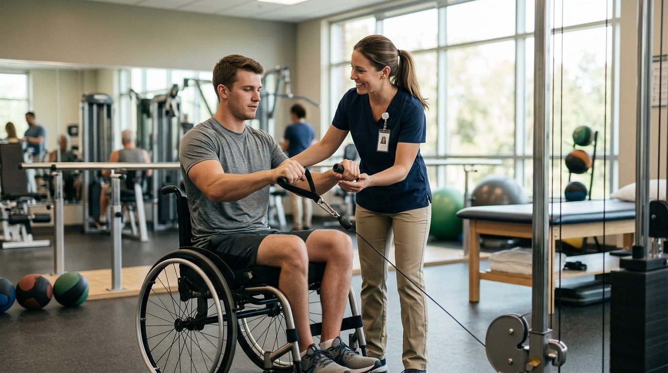 Young adult in wheelchair working with physical therapist in rehabilitation gym.