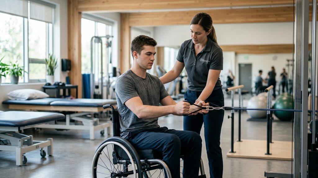 Young adult in wheelchair working with physical therapist in spinal cord injury rehabilitation gym.