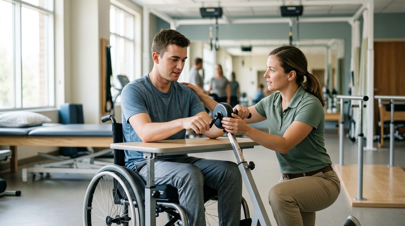 Young adult in wheelchair working with physical therapist in spinal cord injury rehabilitation gym.