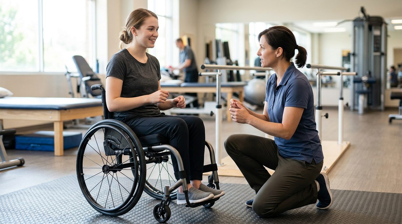 Young adult in wheelchair working with physical therapist in rehabilitation gym.