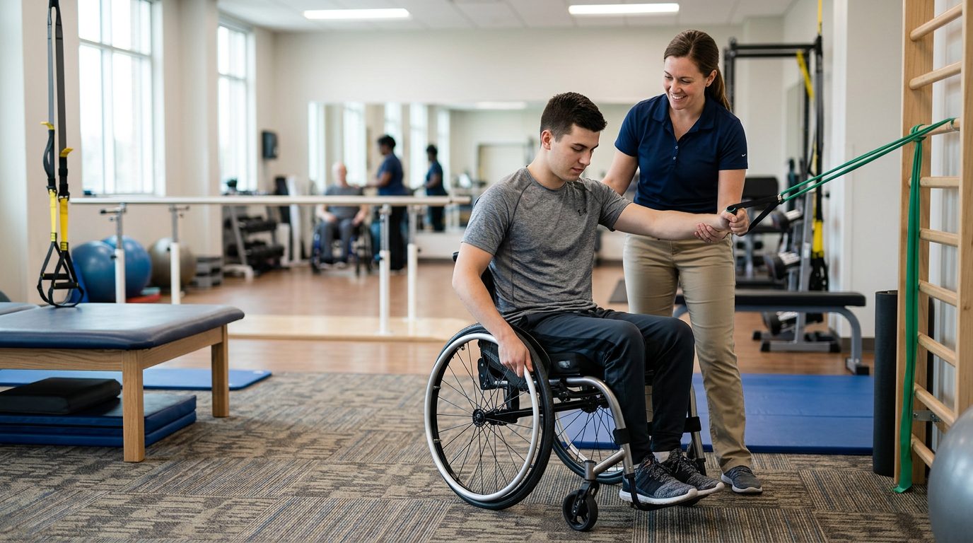 Young adult in wheelchair working with physical therapist in spinal cord injury rehabilitation gym.