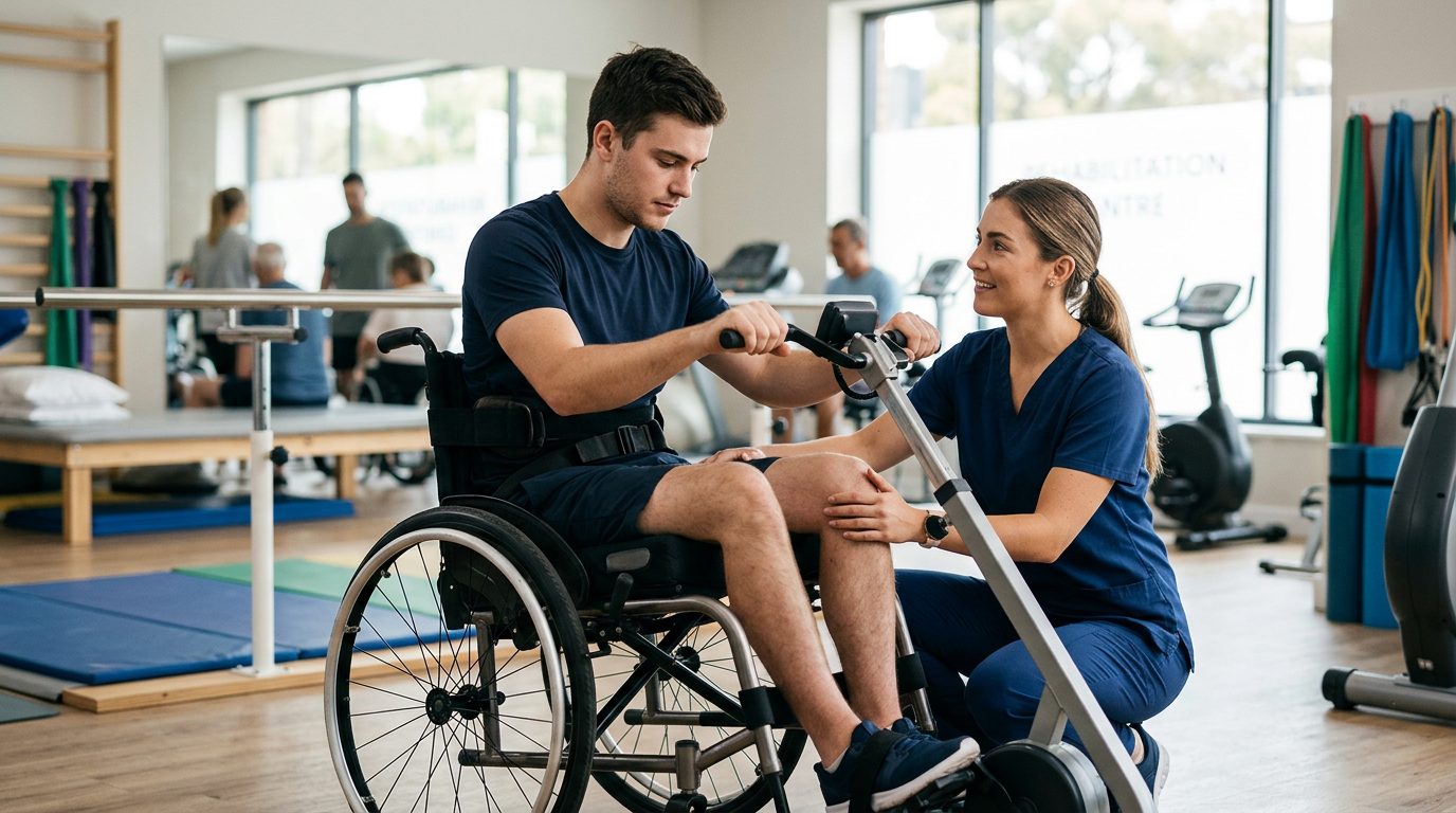 Young adult in wheelchair working with physical therapist in spinal cord injury rehabilitation gym.