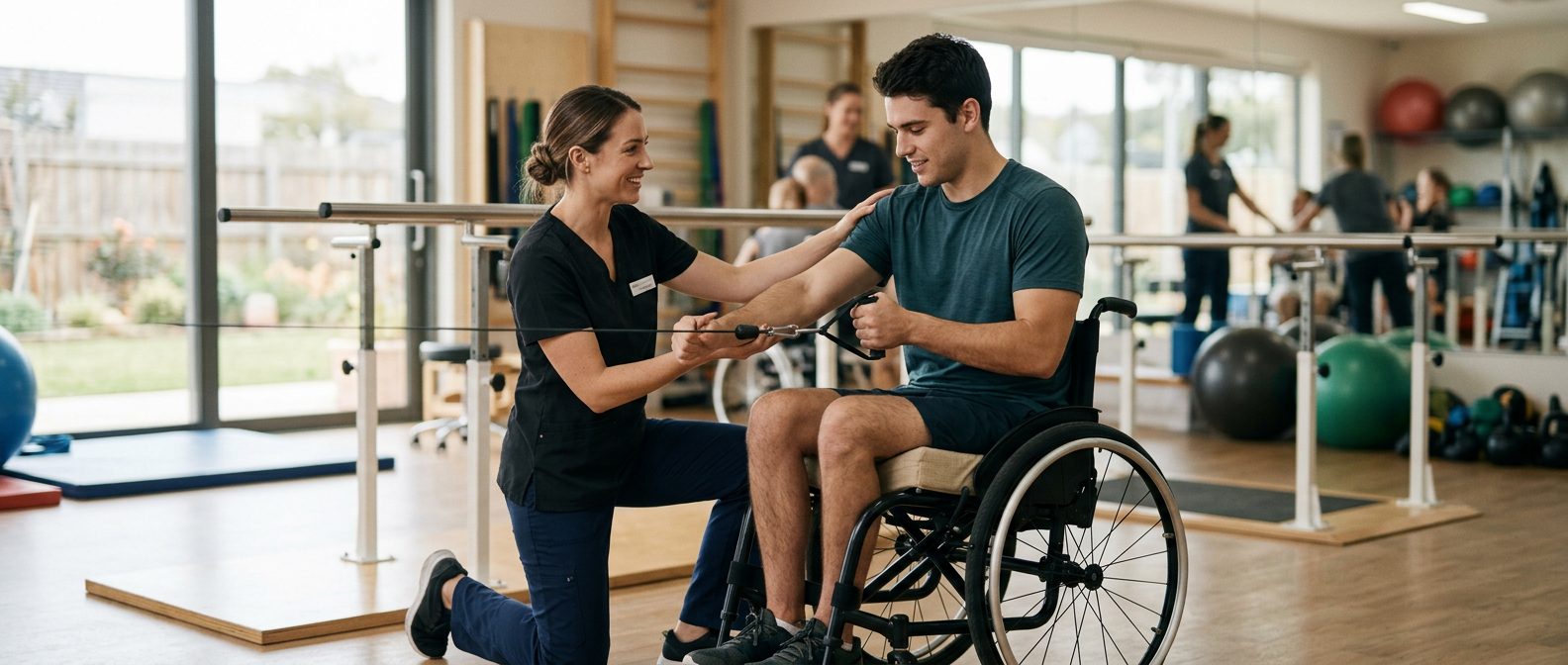 Young adult in wheelchair working with physical therapist in rehabilitation gym.