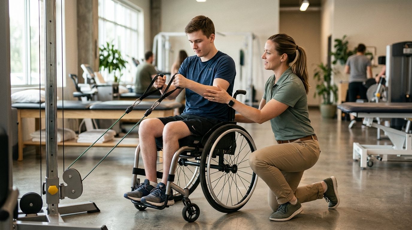 Young adult in wheelchair working with physical therapist in rehabilitation gym.