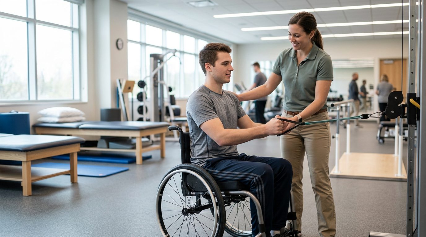 Young adult in wheelchair working with physical therapist in spinal cord injury rehabilitation gym.