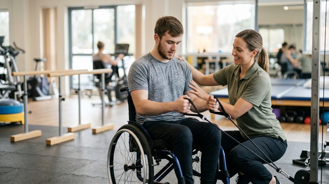 Young adult in wheelchair working with physical therapist in rehabilitation gym.