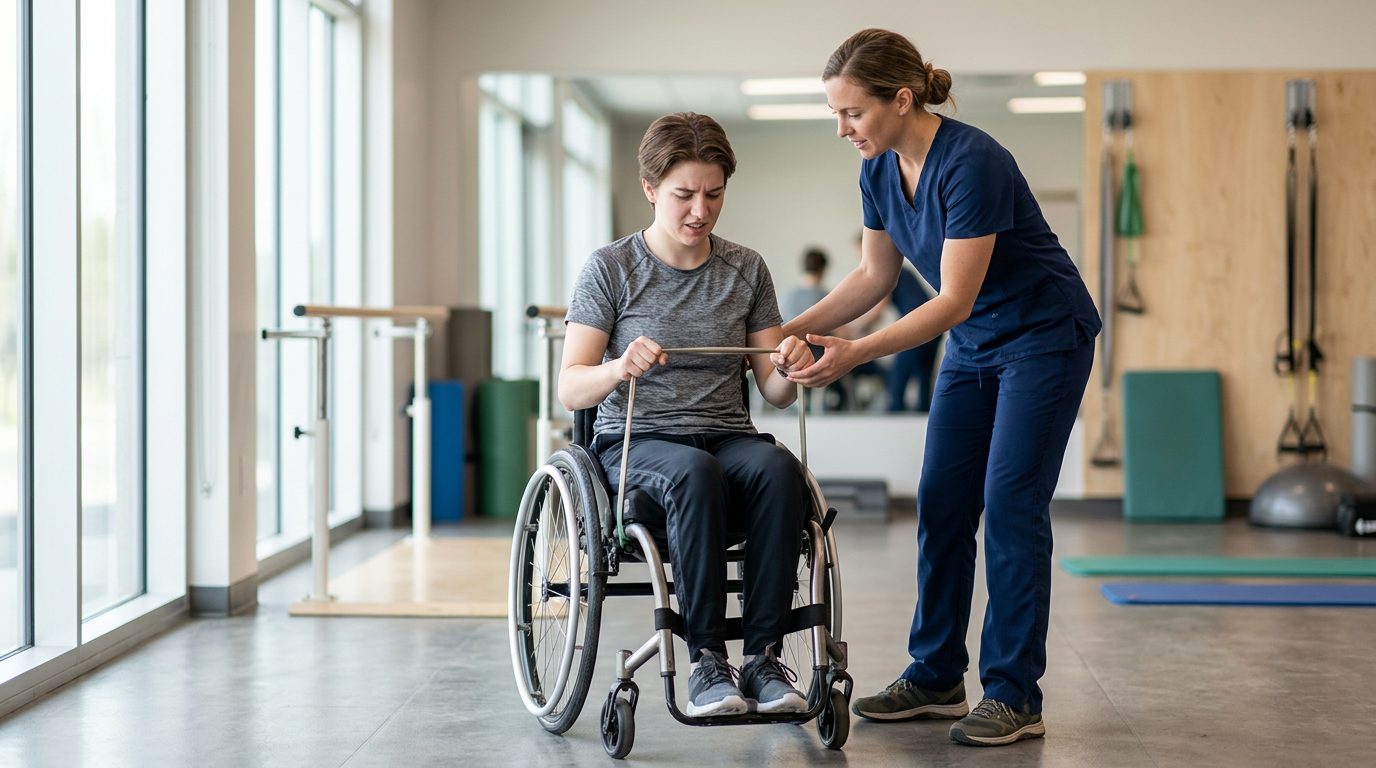 Young adult in wheelchair working with physical therapist in spinal cord injury rehabilitation gym.