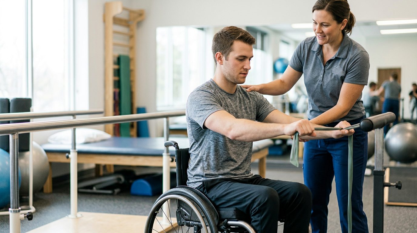 Young adult in wheelchair working with physical therapist in rehabilitation gym.