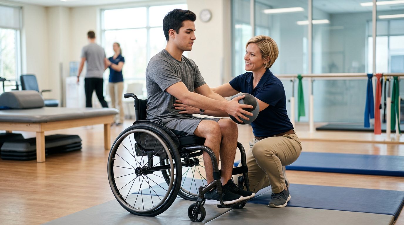 Young adult in wheelchair working with physical therapist in spinal cord injury rehabilitation gym.